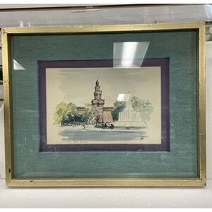 Vintage Watercolor & Ink Painting City Fount Linen Matte Purple Teal Framed Gold